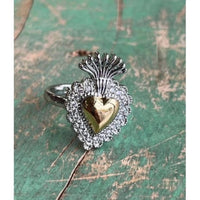 Love And Honor Jesus - Two Tone Sacred Heart Cubic Zirconia Adjustable Ring