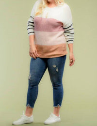 Doe And Rae - Blocked Color Sweater Top With Striped Sleeve