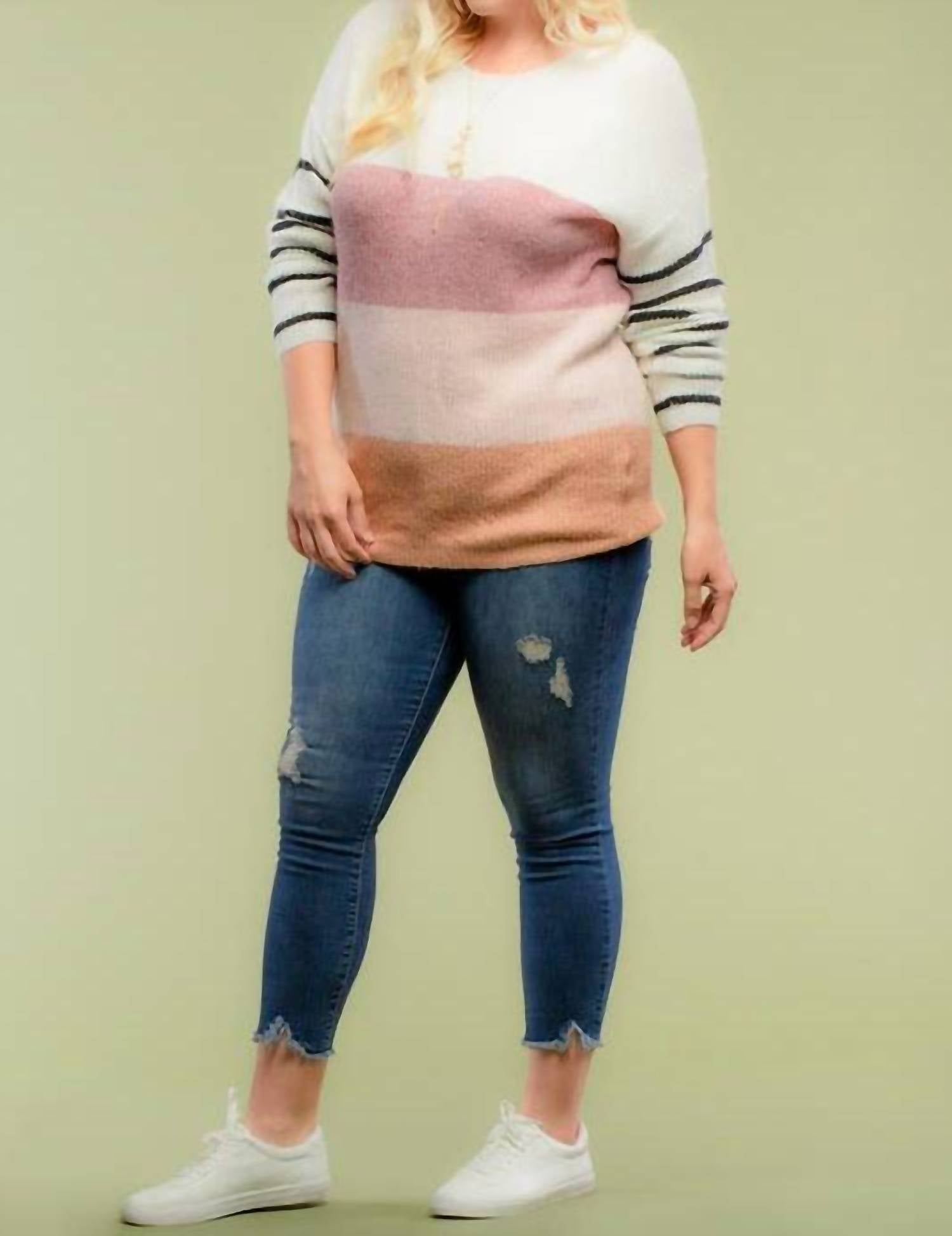 Doe And Rae - Blocked Color Sweater Top With Striped Sleeve