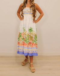 Skies Are Blue - Talli Tropical Scenic Print Sleeveless Midi Dress