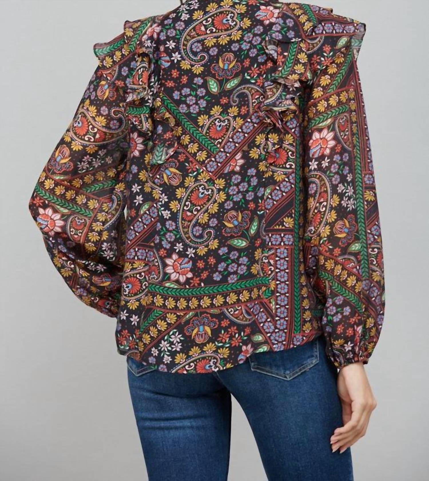 Fate Ruffle Detail Stand Collar Blouse in black multi - women's blouse - view 4