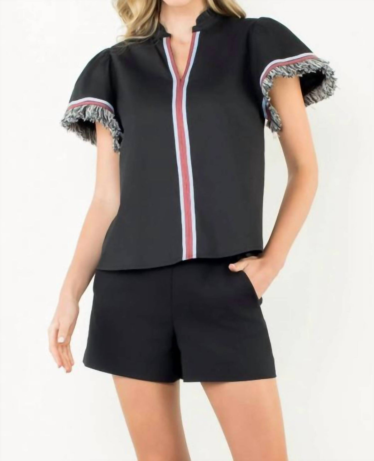 Thml - Fringe Detail Short Sleeve V-neck Top