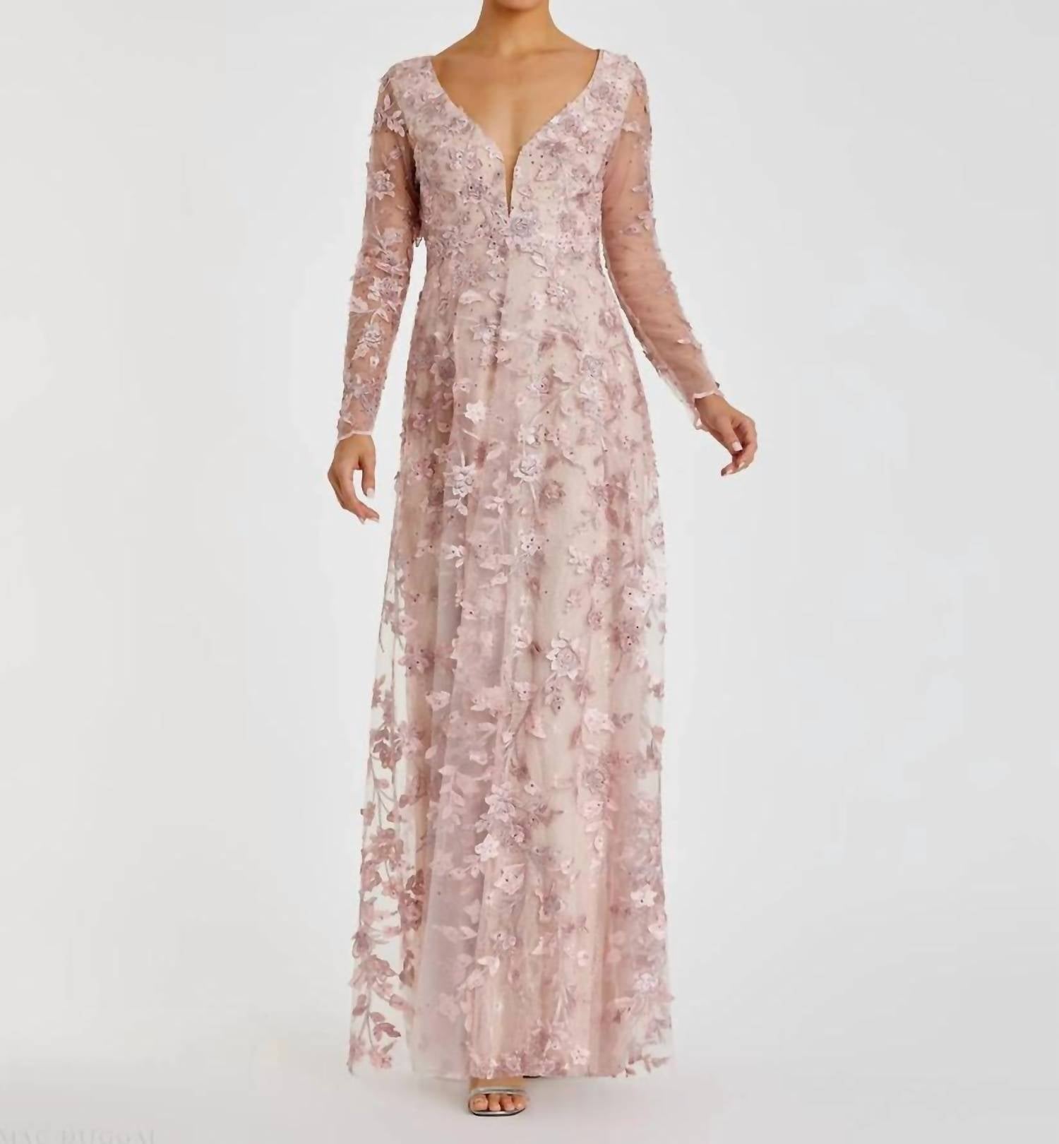 Mac Duggal - Floral Applique Long Sleeve Illusion Gown