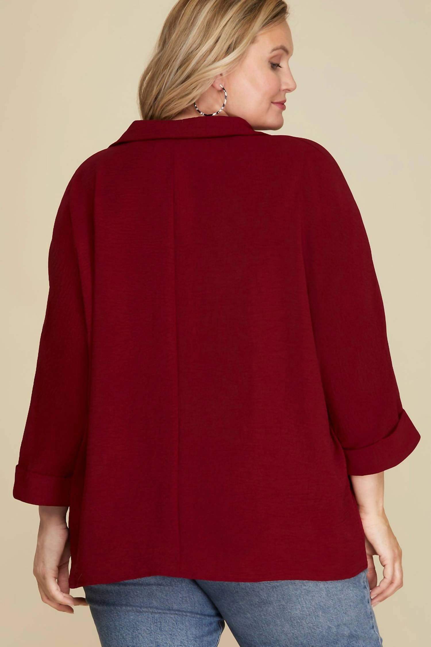 She + Sky - Quarter Sleeve Collared Blouse