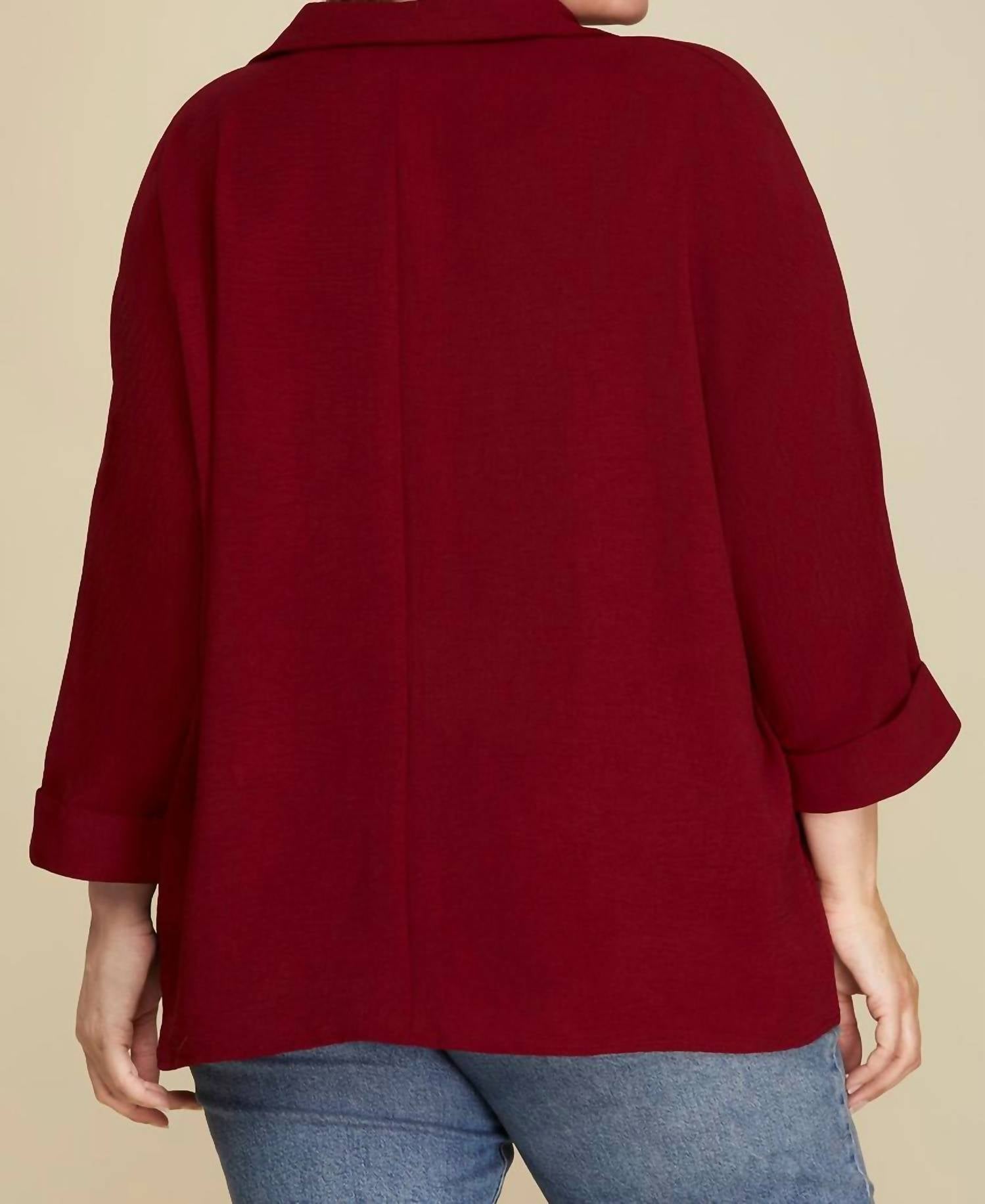 She + Sky - Quarter Sleeve Collared Blouse