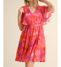 Jodifl - Floral Print Chiffon V-neck Dress With Short Bell Sleeves