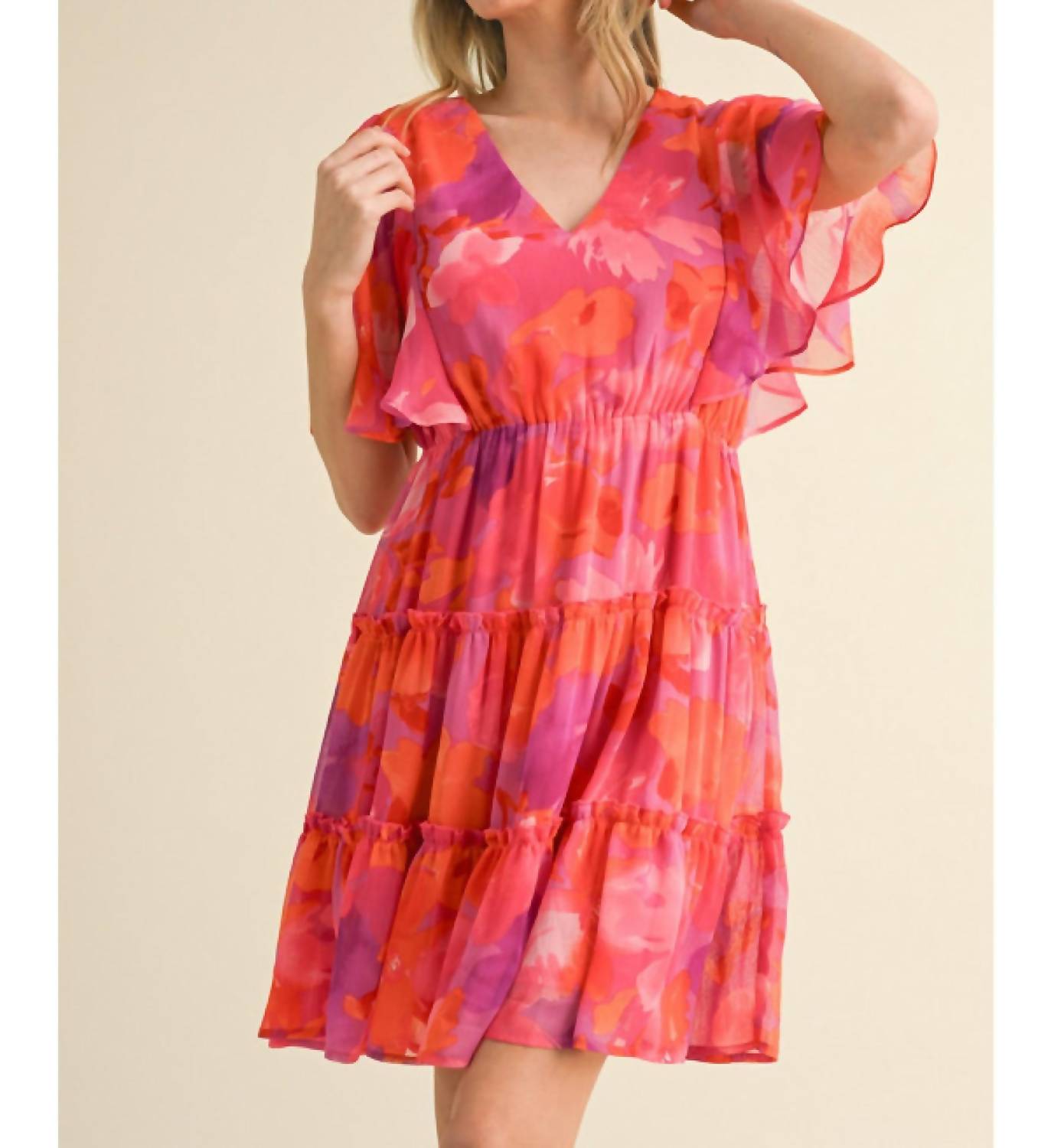 Jodifl - Floral Print Chiffon V-neck Dress With Short Bell Sleeves