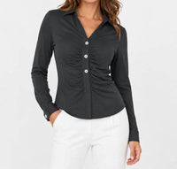Zenana - Ruched Button-front Collared Top