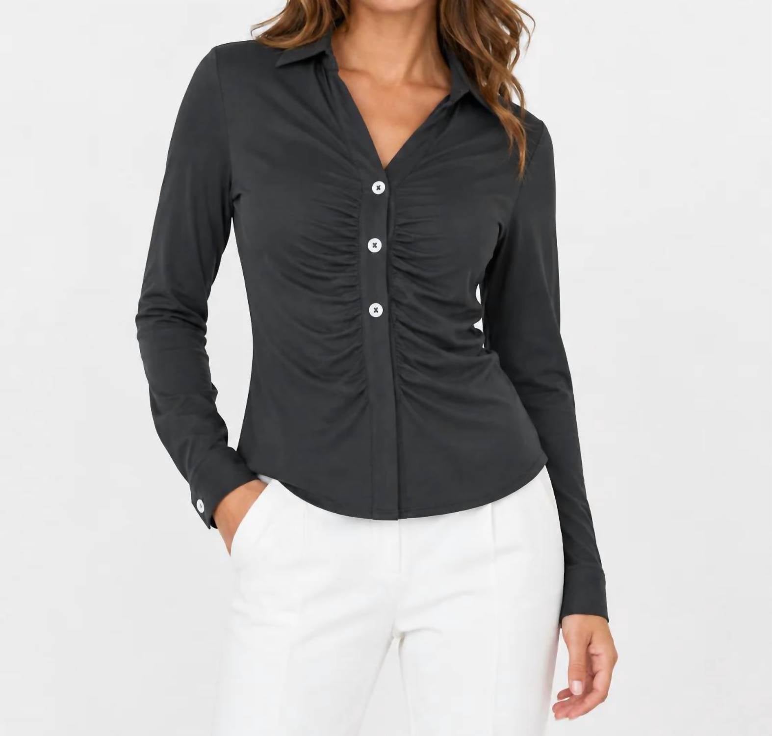 Zenana - Ruched Button-front Collared Top