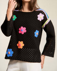 DAVI & DANI Crochet Flower Patched Sweater in black - women's sweater