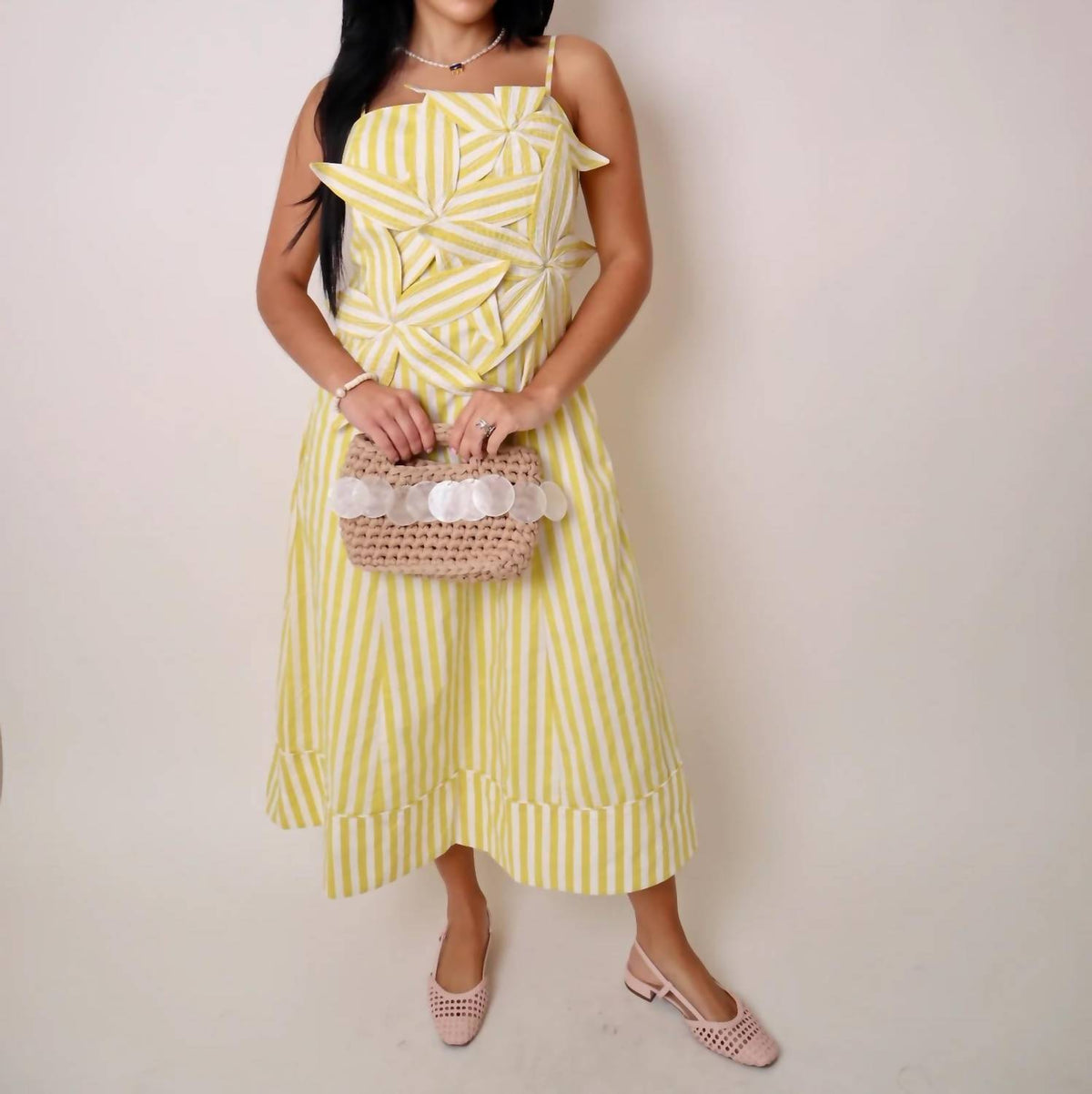 English Factory - Stripe Flower Appliqué Midi Dress