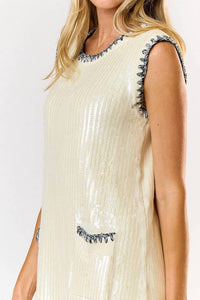Lalavon - Sequin Contrast Stitch Front Pocket Mini Dress