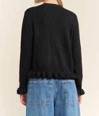Candescent Ruffle Trim Button Up Cardigan in navy - women's cardigan - detail view