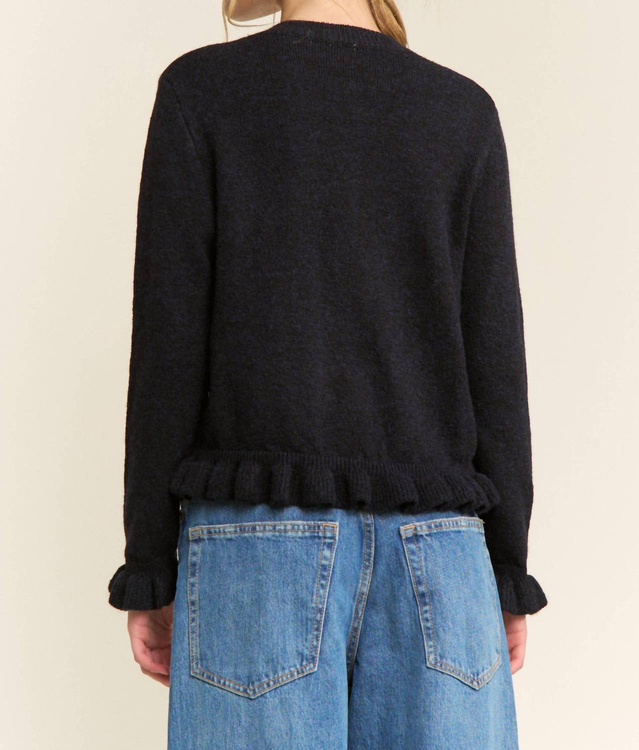 Candescent Ruffle Trim Button Up Cardigan in navy - women's cardigan - detail view