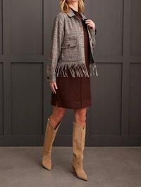 Tribal - Plaid Crop Shacket With Fringe