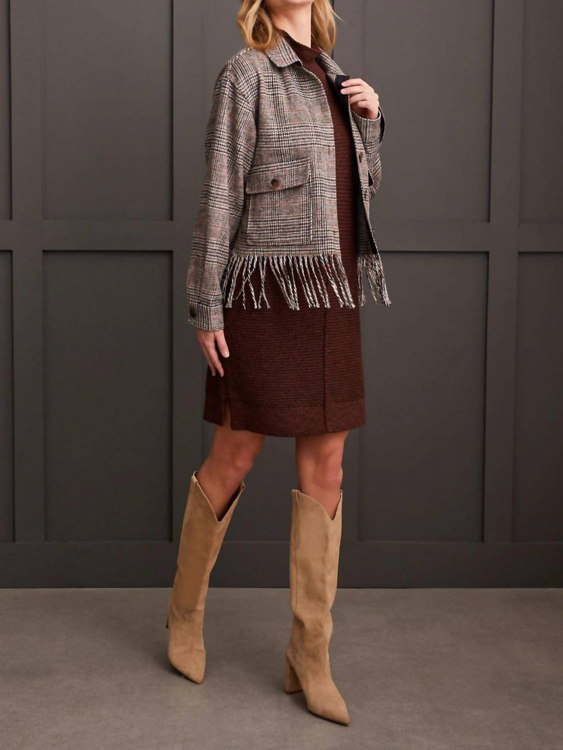 Tribal - Plaid Crop Shacket With Fringe