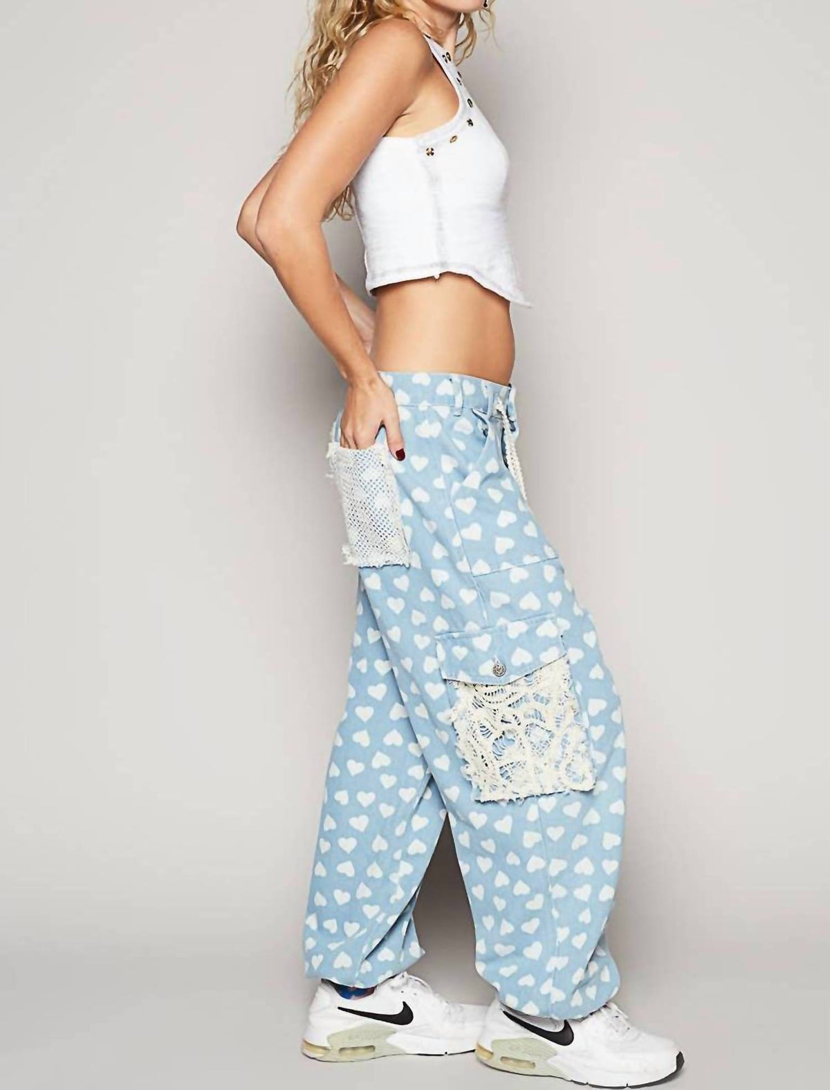 Pol - Crochet Overlay Pockets Woven Twill Pants