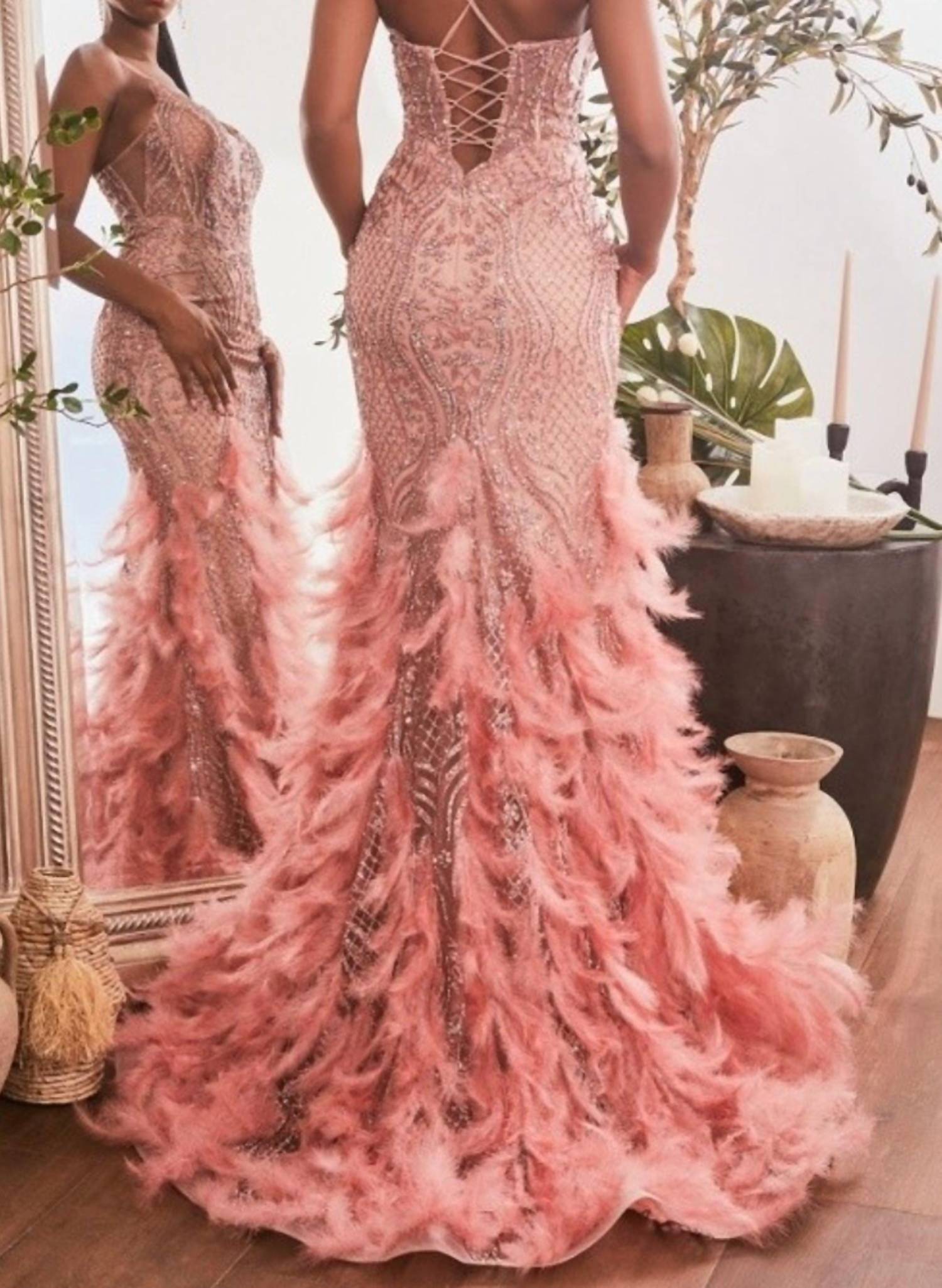 Ladivine Feathered Mermaid Gown in rose in rose - women's dress - detail view
