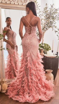 Ladivine Feathered Mermaid Gown in rose in rose - women's dress - alternate view