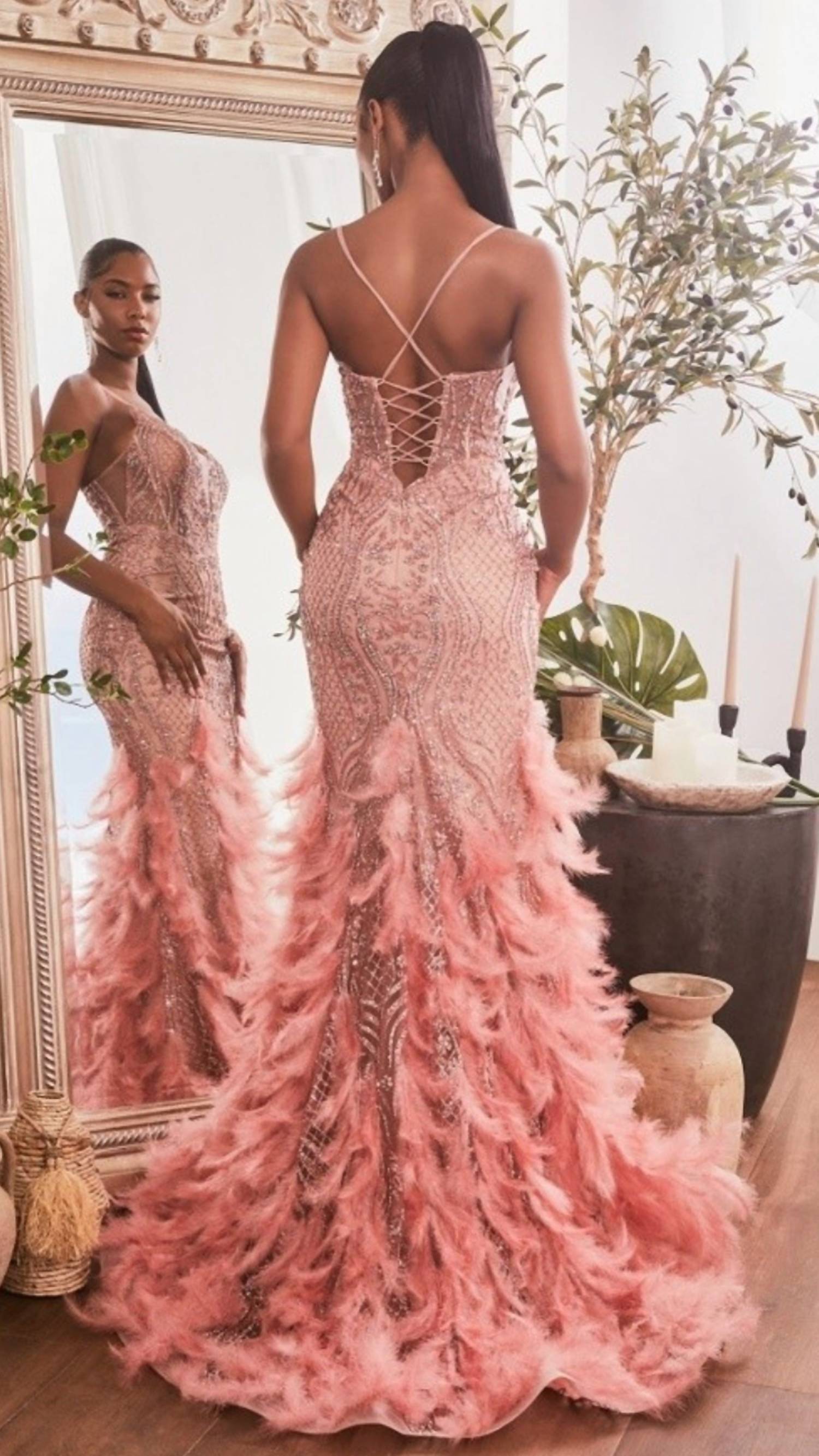 Ladivine Feathered Mermaid Gown in rose in rose - women's dress - alternate view