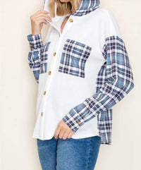 Staccato - Waffle Knit Plaid Contrasted Button Up Hooded Top