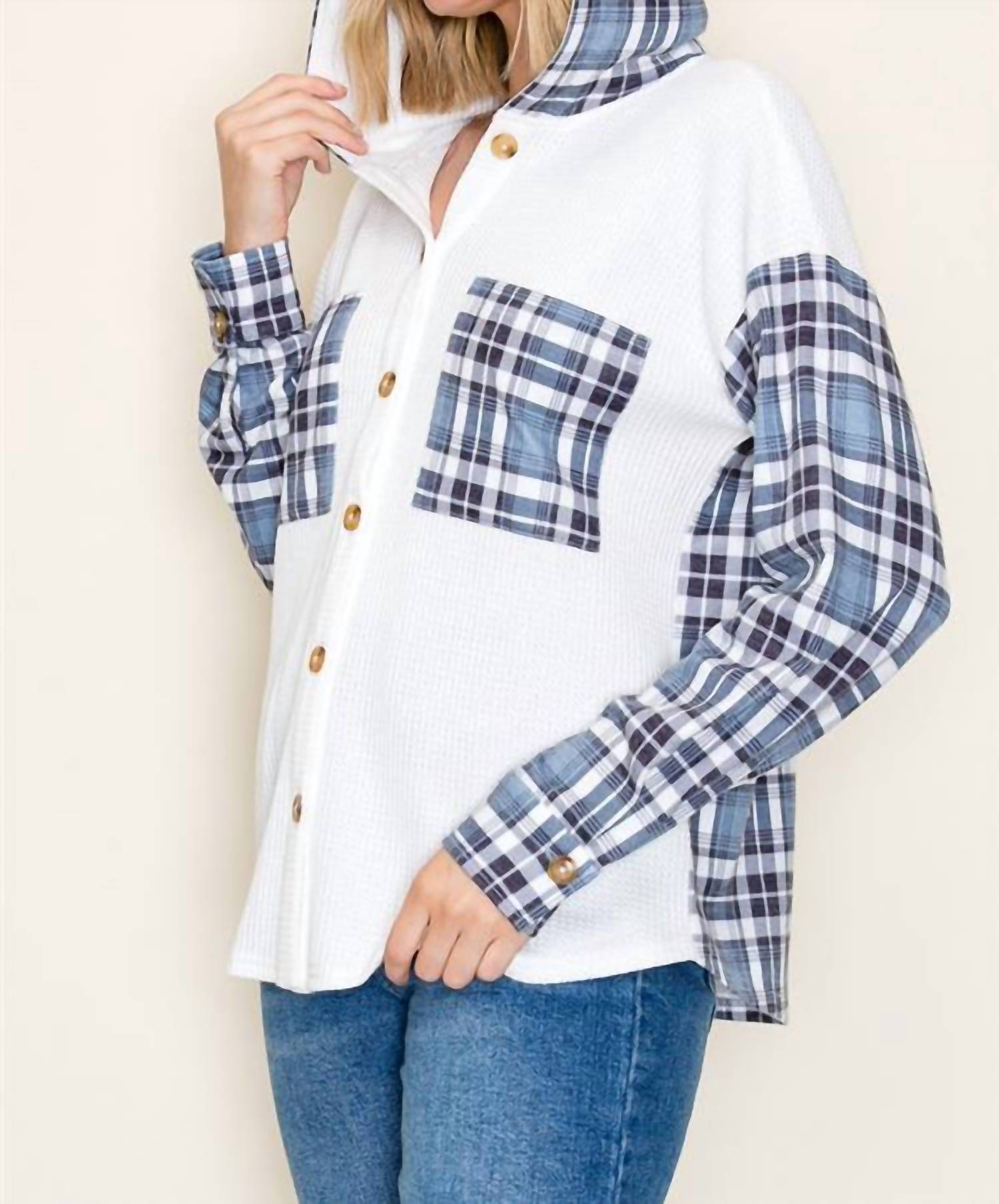 Staccato - Waffle Knit Plaid Contrasted Button Up Hooded Top