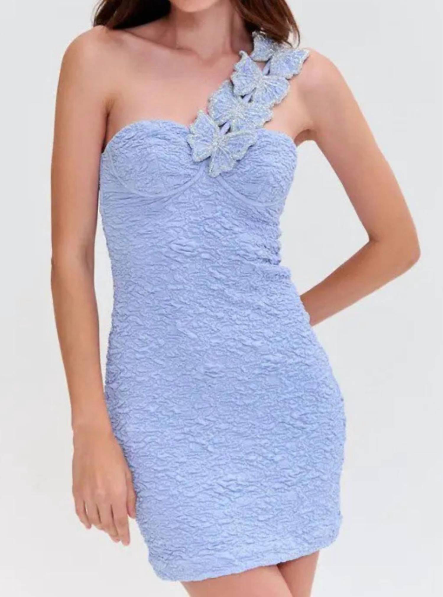 PatBo Jacquard Mini One Shoulder Dress in blue - women's dress