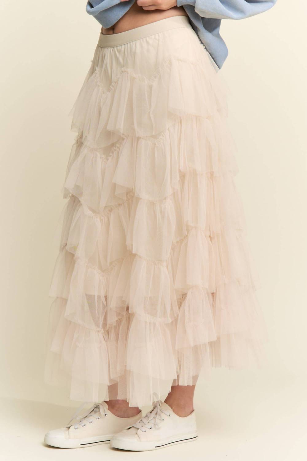 J.Nna - Tiered Ruffle Mesh Lined Maxi Skirt