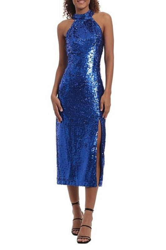 Donna Morgan - Full Sequin Halter Front Slit Midi Party Dress