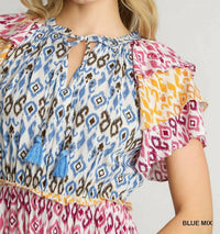 Umgee - Mixed Aztec Print With Tassel Front Tie & Ruffle Sleeves Midi Dress