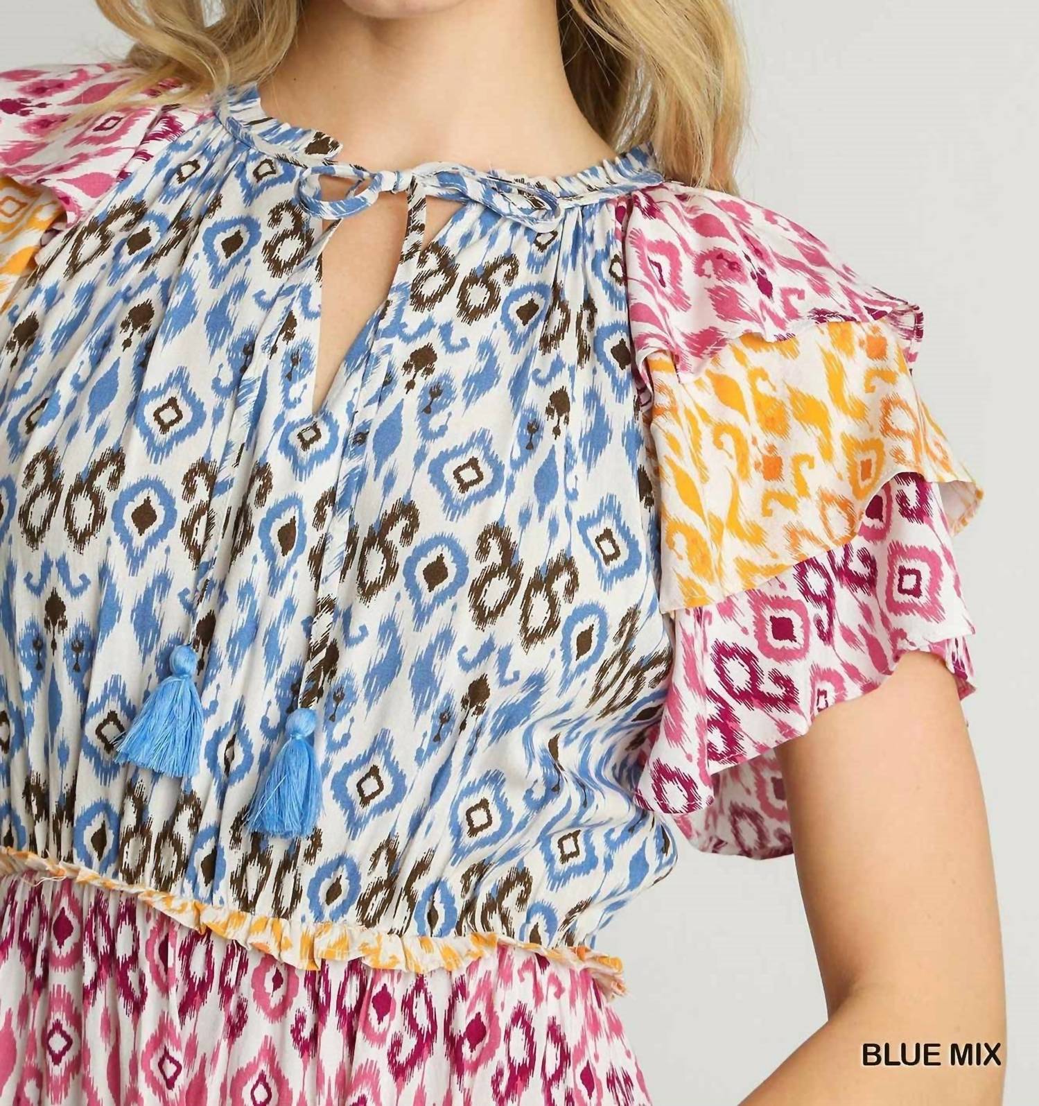 Umgee - Mixed Aztec Print With Tassel Front Tie & Ruffle Sleeves Midi Dress