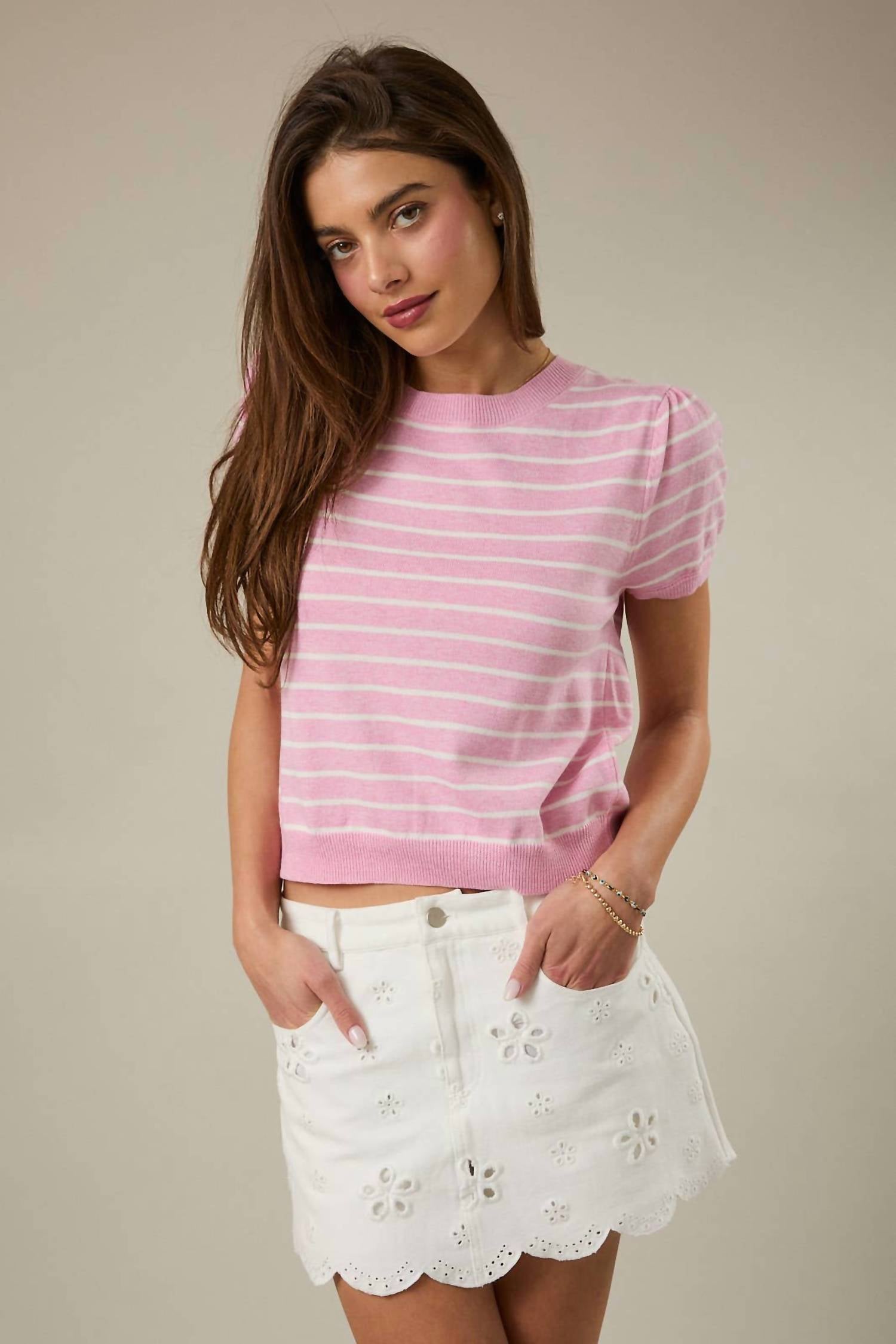 Be Cool - Half Sleeve Crew Neck Puff Sweater Top