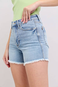 Judy Blue High Waist Tummy Control Light Destroy & Fray Hem Shorts in blue - women's shorts - view 4