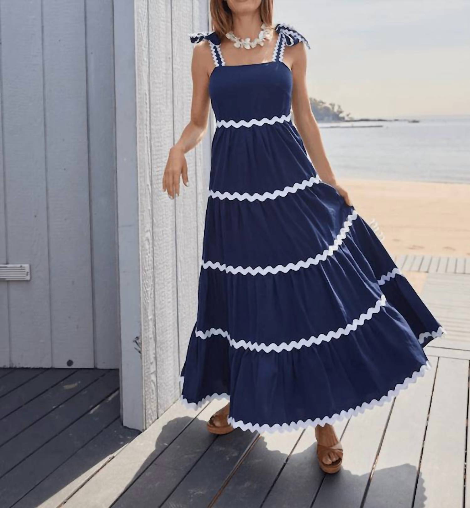 Sail To Sable - Ric-rac Bow Strap Maxi Dress