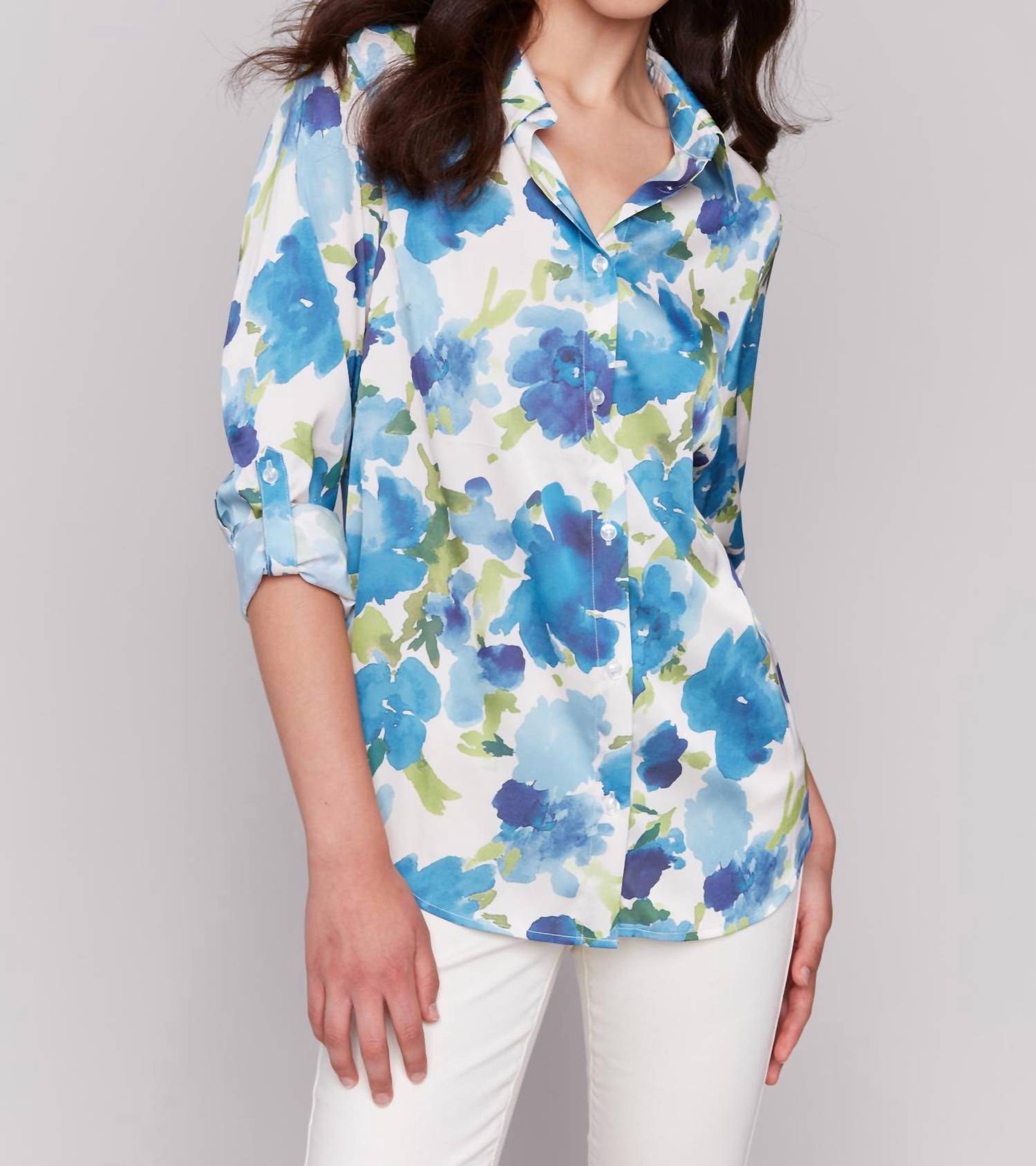 CHARLIE B Harlow Satin Blouse in lime - women's shirt - detail view