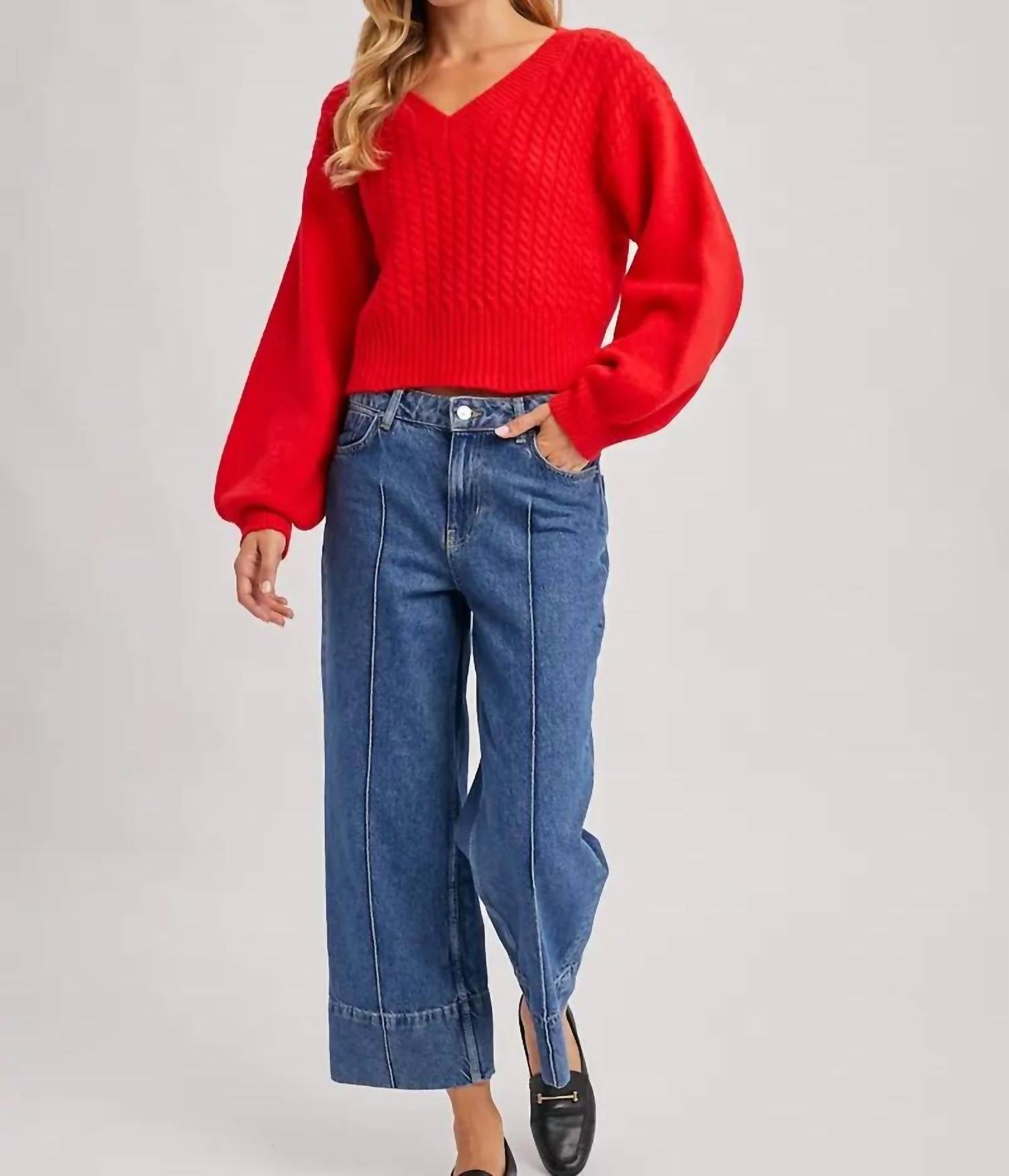 BluIvy Cropped V-Neck Cable Knit Sweater in ruby - women's cardigan - view 6