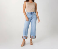 Coco + Carmen - Women's Everstretch Wide Leg Crop Embroidered Cuff Jeans