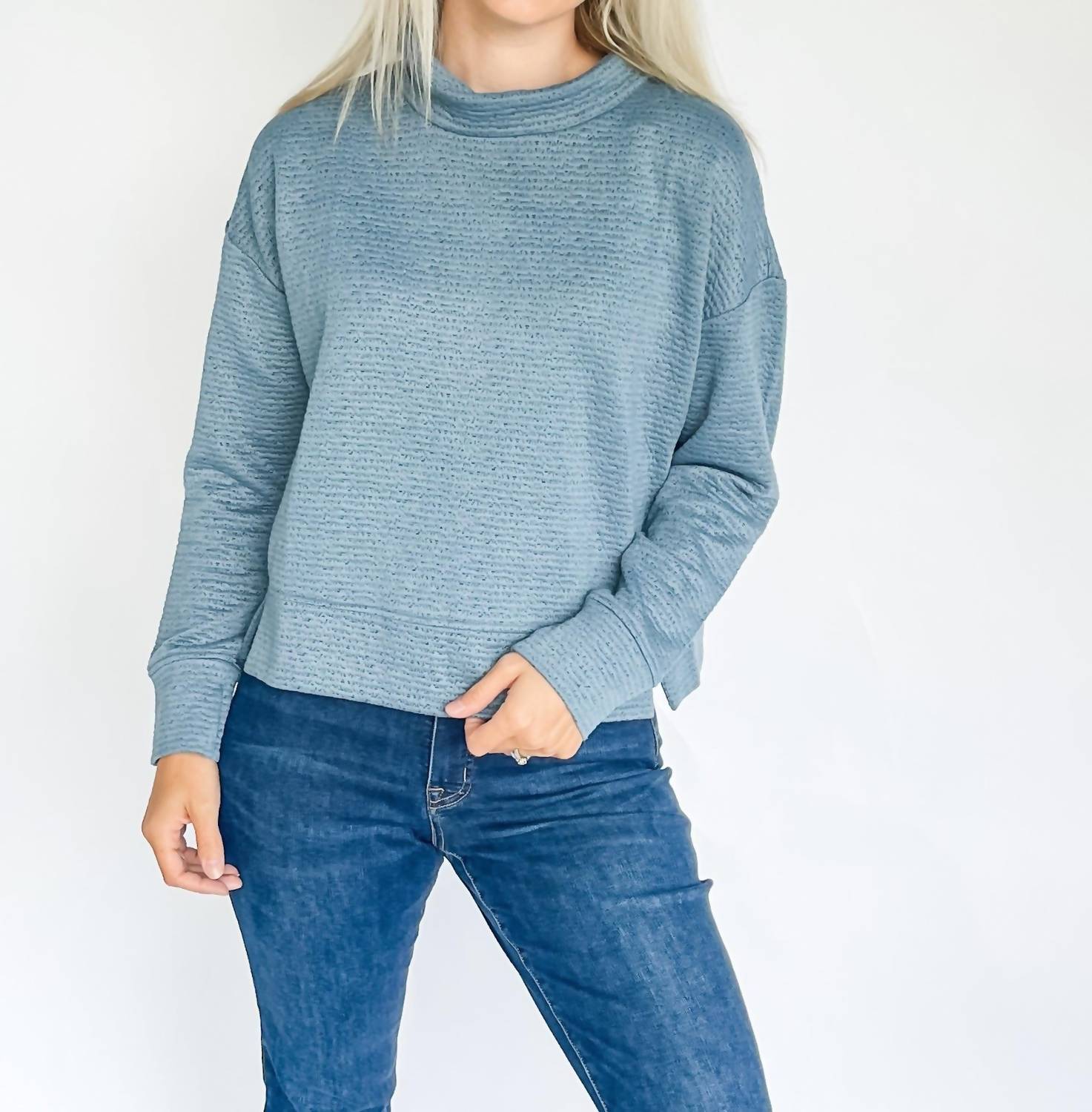 Tribal - Puckered Knit Drop Shoulder Funnel Neck Top