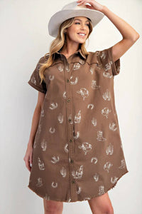 Easel - Western Printed Washed Twill Shirt Dress