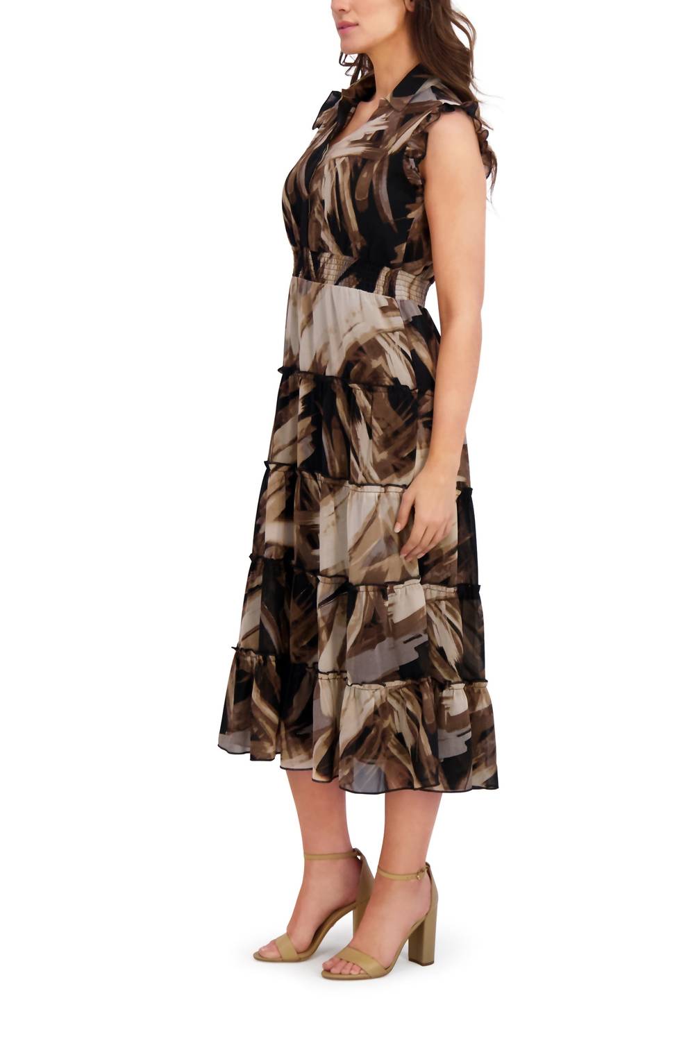 London Times - Spread Collar Smocked Waist Maxi Dress
