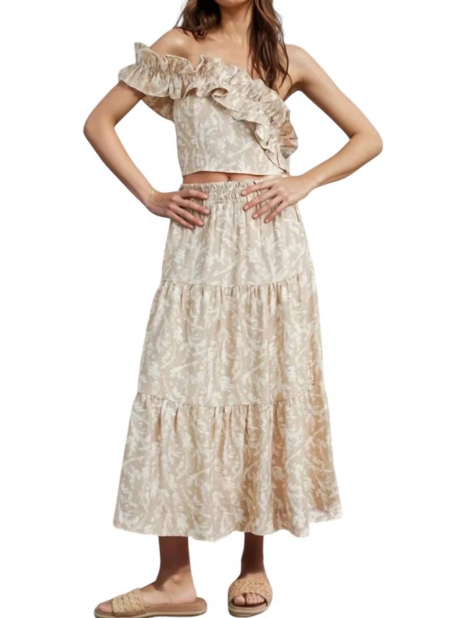 Buttermelon - Abey Leaf Print One-Shoulder Cropped Top & Maxi Skirt