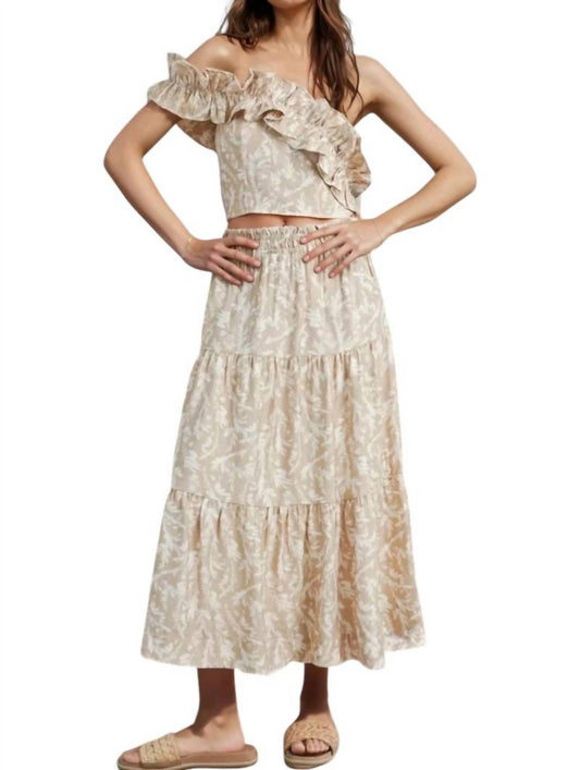 Buttermelon - Abey Leaf Print One-Shoulder Cropped Top & Maxi Skirt