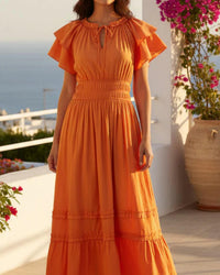 She + Sky - Ruffled Sleeve Waist Elastic Side Pocket Midi Dress