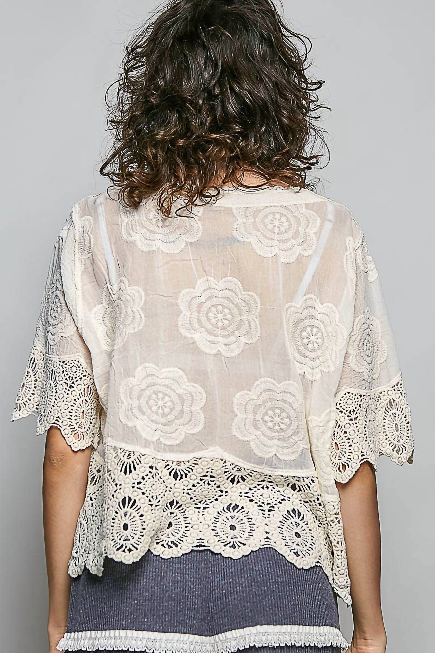 Pol - Crochet Trim Neckline Short Sleeve Top