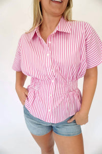 Anniewear - Striped Smocked Waist Dolman Sleeve Top