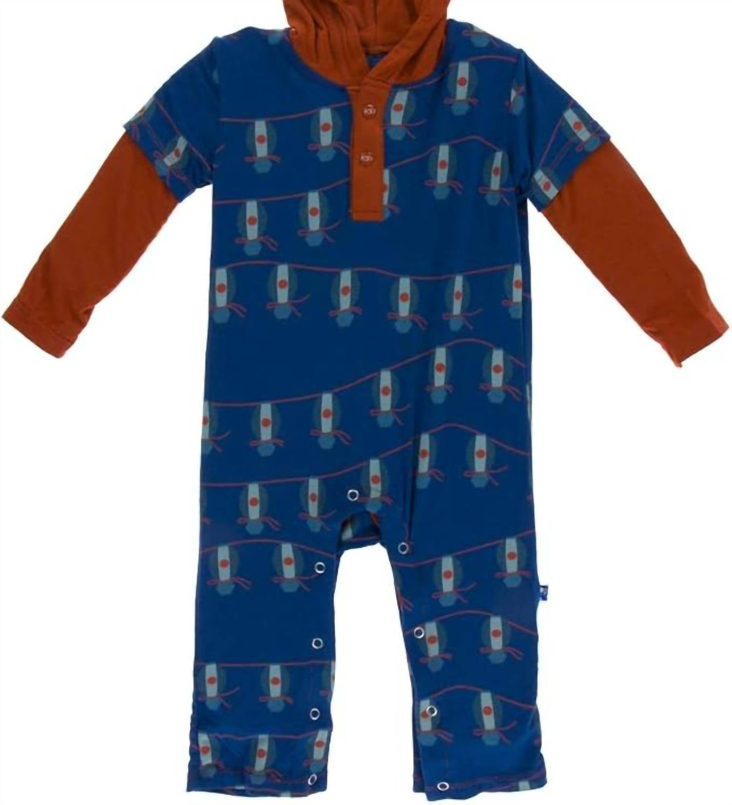 Kickee - Boys' Print Long Sleeve Hoodie Romper