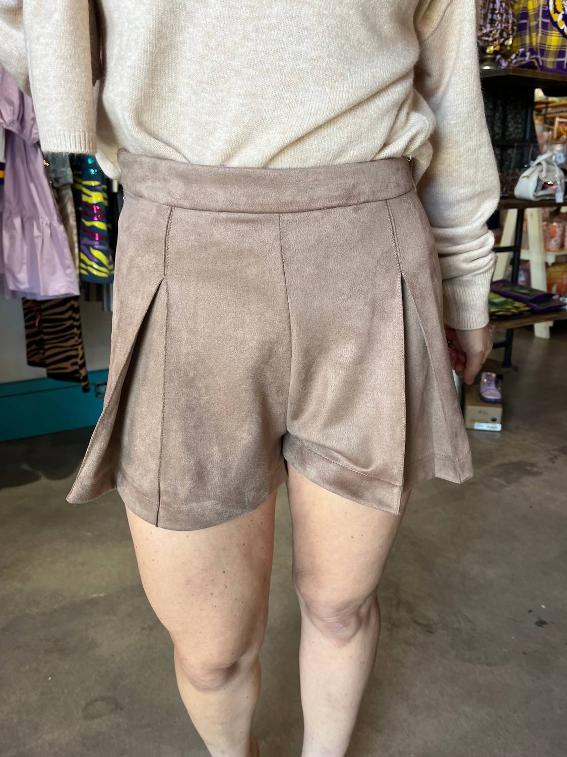 Meet Me in Santorini Smokey High Waist Shorts in santorini smokey high waist shorts in taupe - women's shorts - detail view