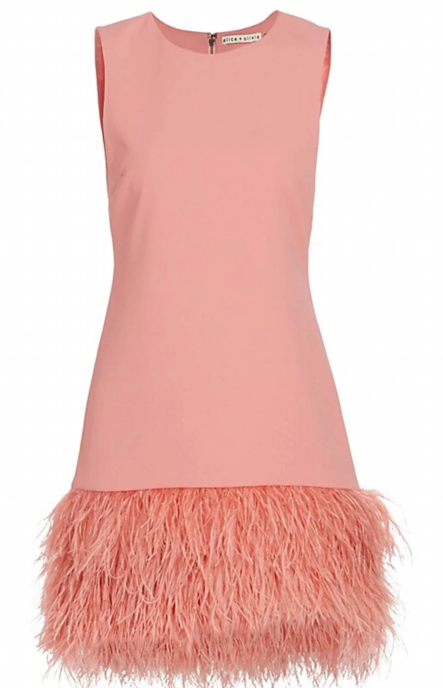 Alice + Olivia - Women's Coley Feather Trim Crew Neck Dress