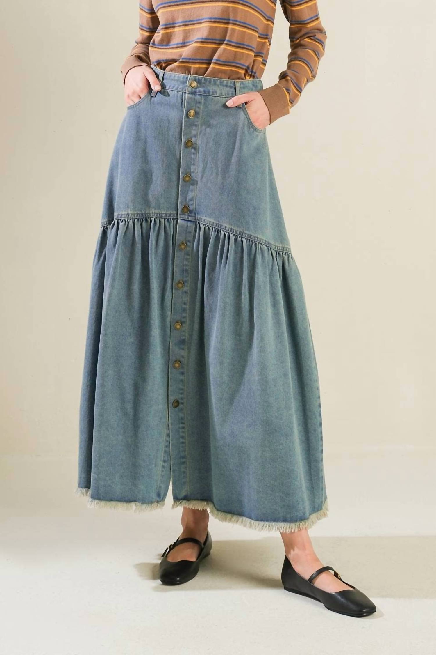 Flying Tomato - The Haven Denim Midi Skirt