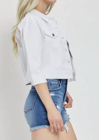 RISEN Shirring Sleeve Cropped Denim Jacket in white - women's jacket - view 5